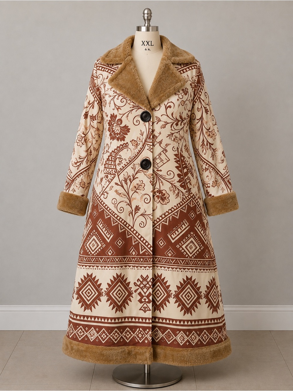 Boho Faux Fur Trim Tapestry Coat Whimsigoth Festival Duster